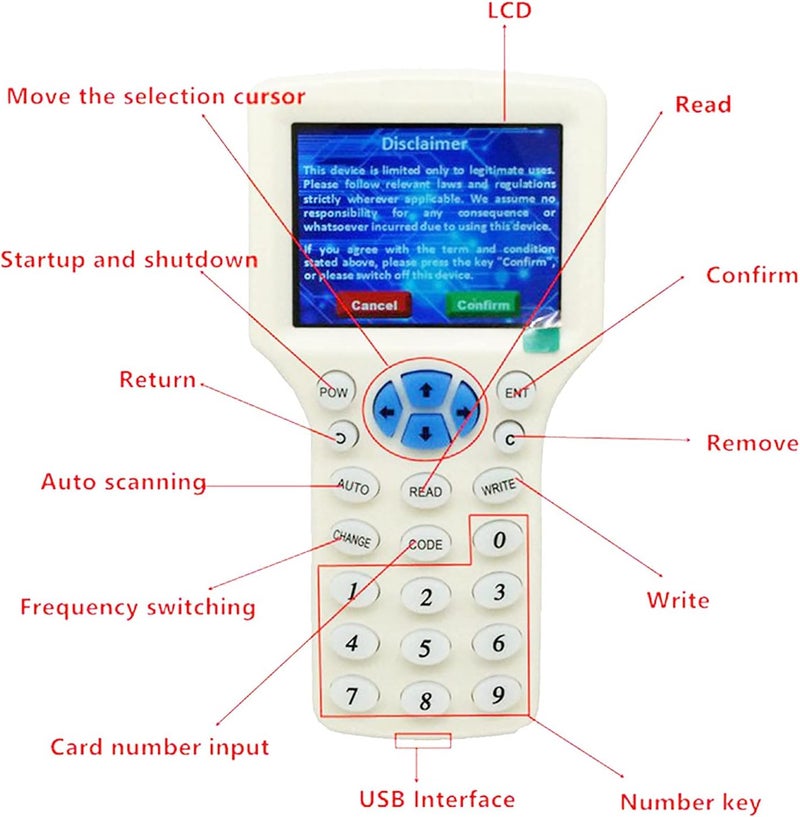 hecere قارئ كاتب مكرر RFID متعدد الترددات بصوت إنجليزي 10، مع 5 قطع مفاتيح/بطاقات T5577 قابلة للتغيير - Image 4